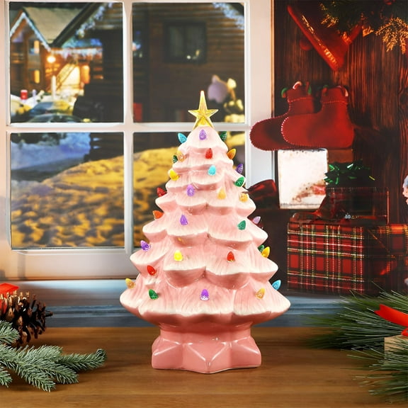 ACDANC Small Hand-Painted Ceramic Christmas Tree with Multi-Color Lights-Vintage Tabletop Holiday Decoration for Home Warm Festive Atmosphere