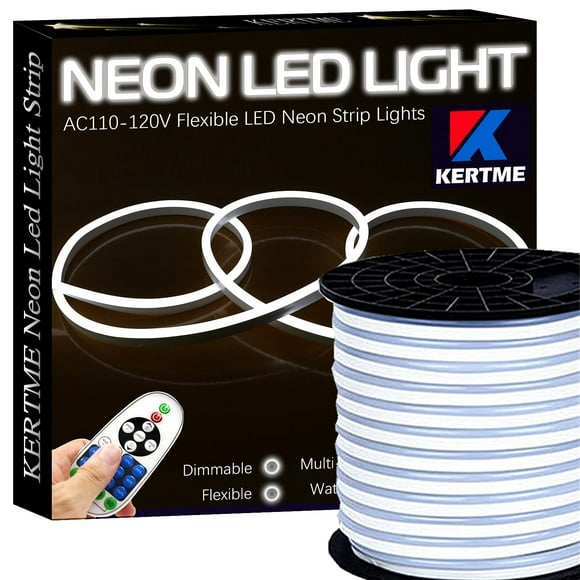 KERTME Bande Lumineuse Néon Led Type CA 110-120V Led Néon, Flexible/étanche/à Intensité Réglable/multi-Modes Corde Lumineuse Led + Télécommande 23 Touches pour Décoration Maison/jardin/bâtiment (98.4 Pieds/30m, Blanc 6000K)