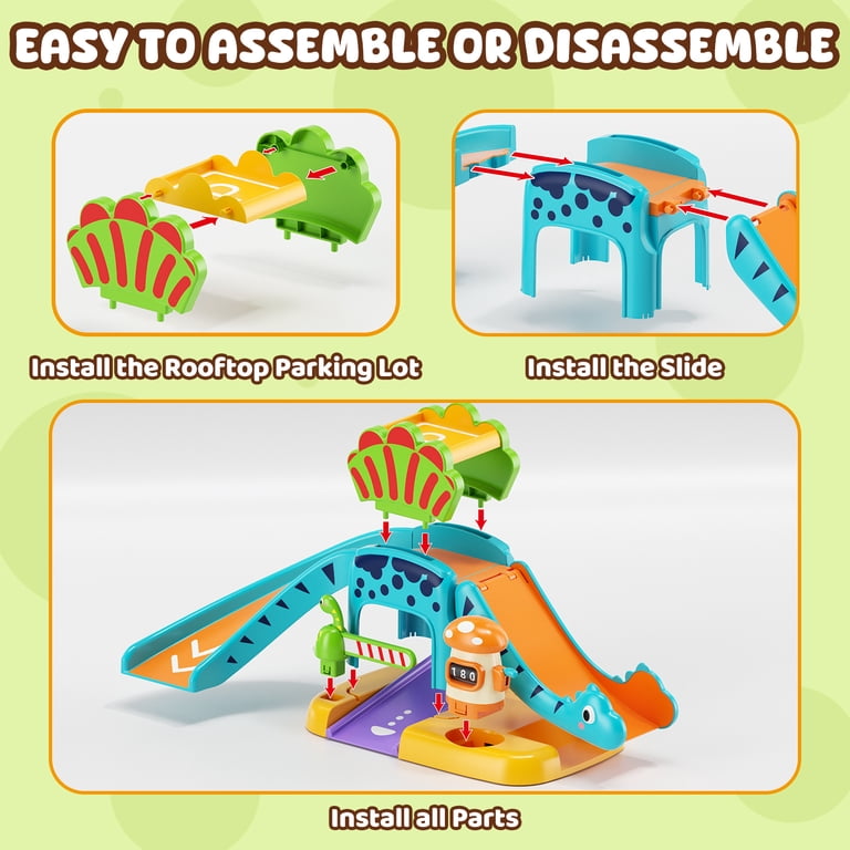 OROLIVING Dinosaur Slide & Parking Lot with 4 Toy Cars photo 4