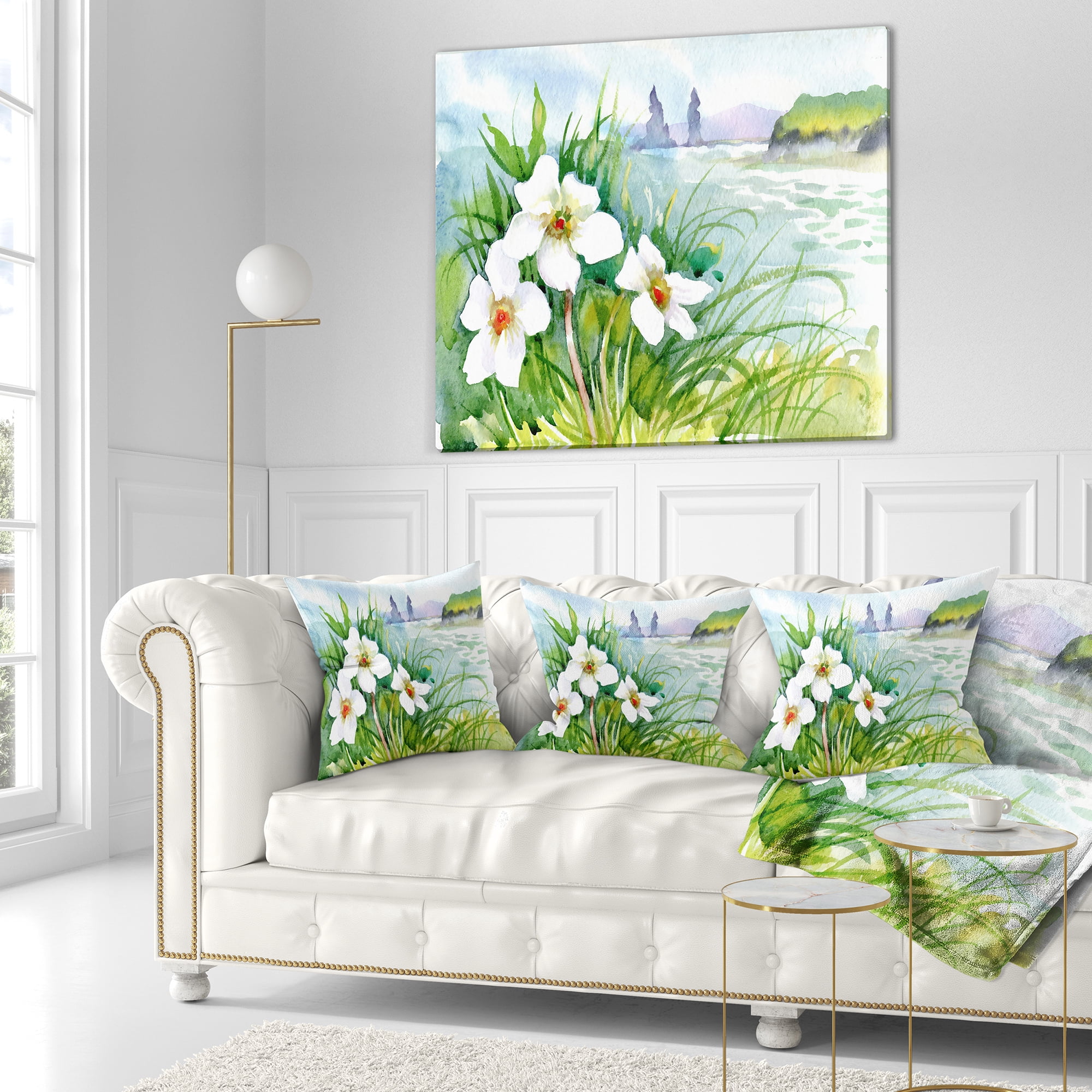 Designart Blooming Flowers on Summer River - Landscape Printed Throw Pillow - 16x16