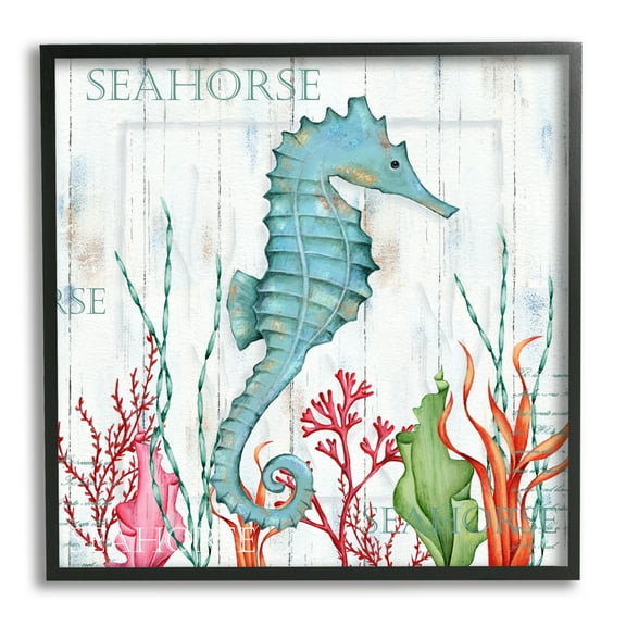 Stupell Industries Seahorse on Rustic Plank Pattern Animals & Insects Painting Black Framed Art Print Wall Art, 12 x 12