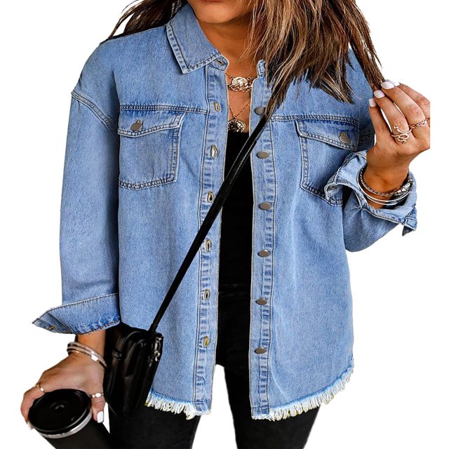Vetinee Women‘s Oversized Button Up Frayed Hem Denim Jacket Button Down Long Sleeve Pockets Jean Jacket Size S-2XL