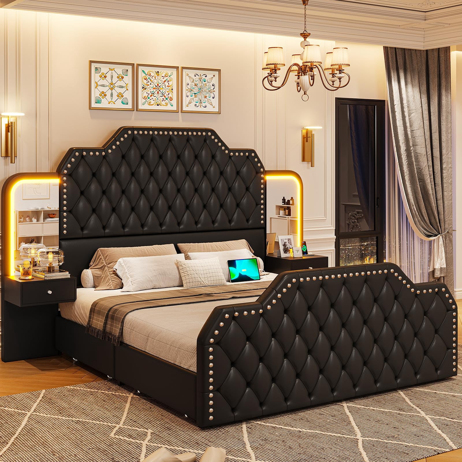 Queen Bed Frame with 2 Nighstands, Power Outlets and 4 Drawers, Upholstered Bed with Vanity Tables and Mirrors, Modern Velvet Tufted Platform Bed with Headboard & Footboard, Black