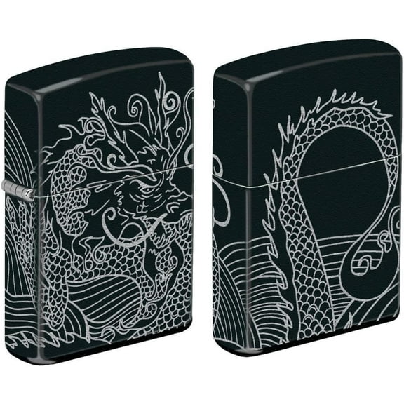 Black Matte Wrap Around Chinese Dragon Design Zippo Lighter
