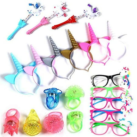 - 20 Pieces Unicorn LED Light Up Party Pack –Unicorn Party Favor Value Box 6 Light up Headbands,6 LED Eyeglasses,2 Unicorn Light up Wands and 6 Flashing Bumpy Rings