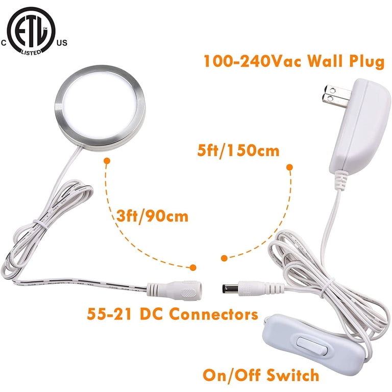 2-Pack 120V Plug-In LED Under Cabinet Puck Lights – Warm White, Low Profile 0.39" Thick, On/Off Switch, Easy Mount
