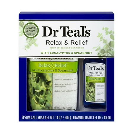Dr Teal's Relax & Relief Epsom Salt soak and foaming Bath, with Eucalyptus & Spearmint 2 Piece Gift Set