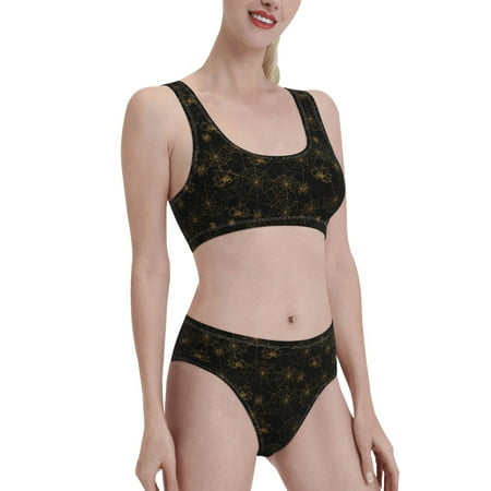Uemuo Gold Spiders And Cobwebs Printed Women s High Waisted Bikini Sets Sporty Two Piece Swimsuits Color Block Cheeky High Cut Bathing Suits-Large