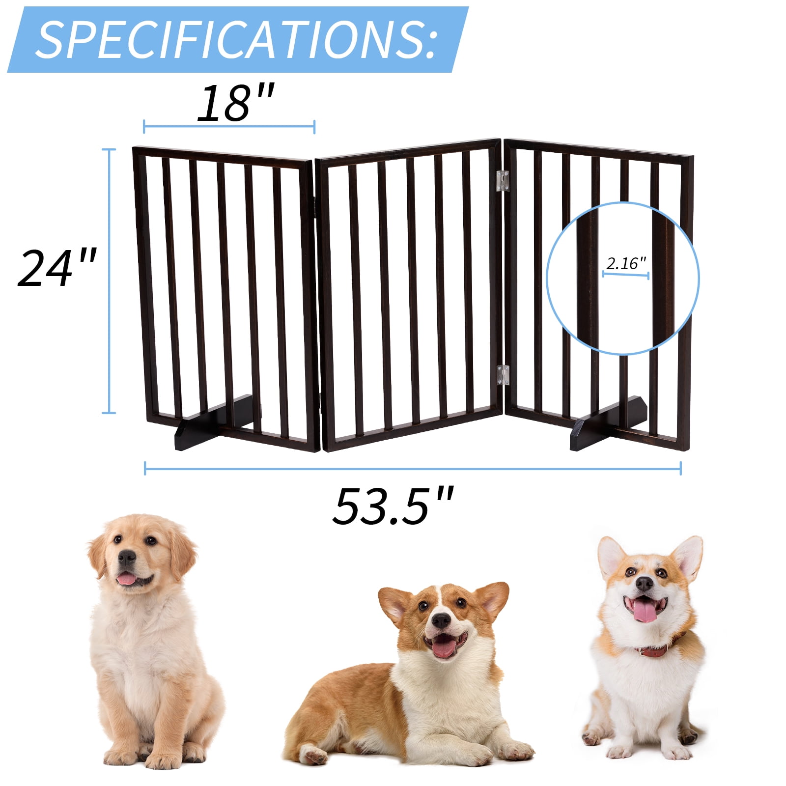 HiiKaa Wooden Freestanding Foldable Pet Gate for Dogs,24 inch 3 Panels Step Over Fence,Dog Gate for The House,Doorway, Stairs,Extra Wide (Walnut, 24" Height)
