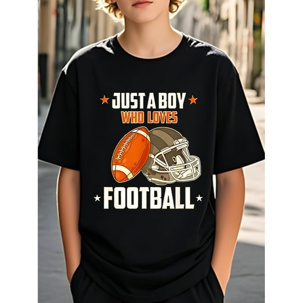 Boys' Rugby Helmet Graphic T-Shirt - Lightweight, Breathable, Quick-Dry Crewneck with "JUST A BOY WHO Loves Football" Print - Perfect for Summer Outdoor Activities & Casual Wear
