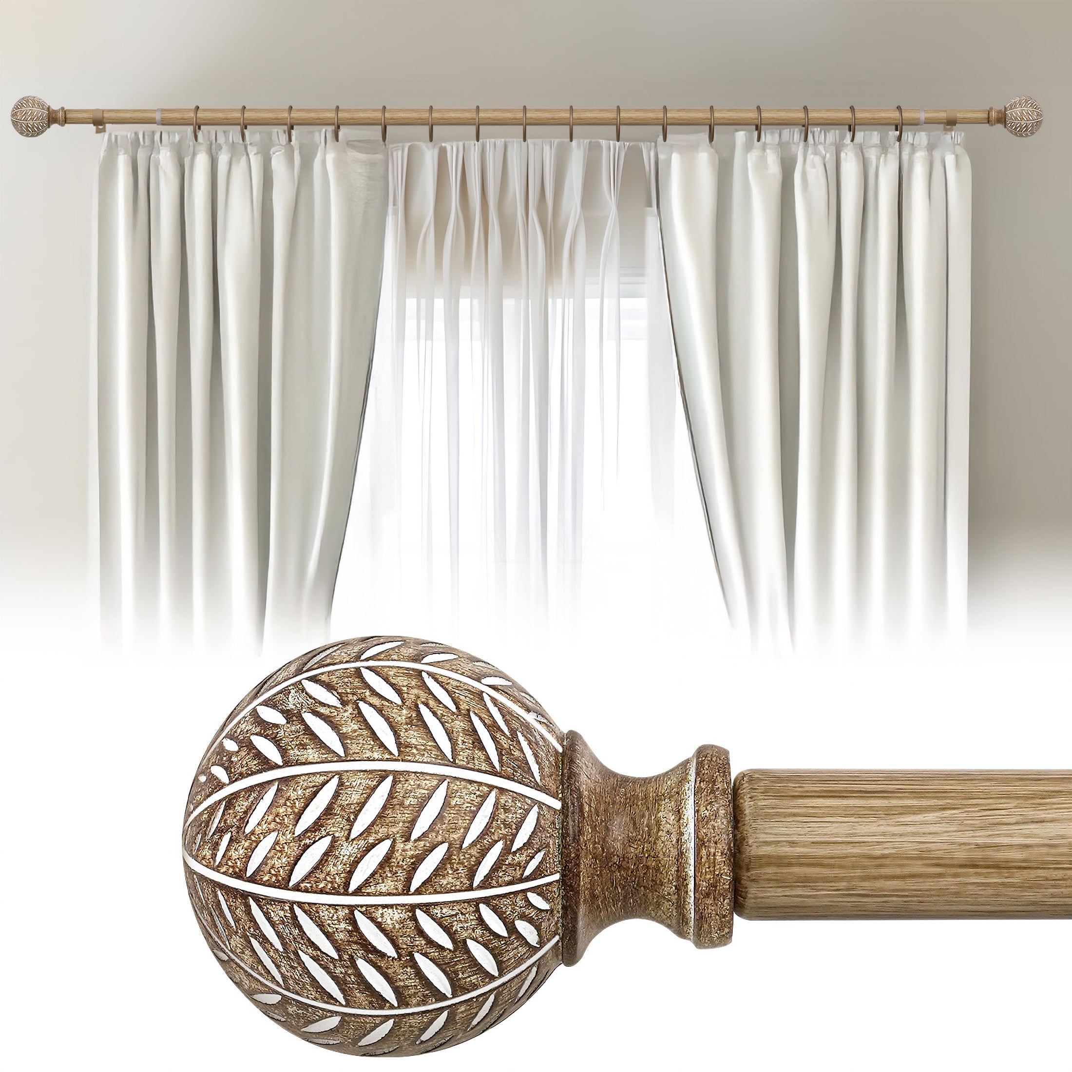 Yokila Farmhouse Brown Curtain Rods for Windows 36 to 88 Inches Adjustable Length Heavy Duty 1" Diameter Single Window Curtain Rod with Decorative Finials for Outdoor Bedroom Kitchen Living Room