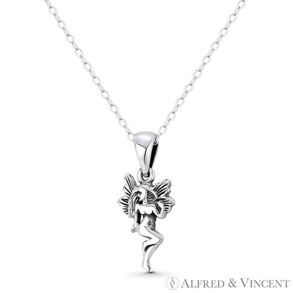 Winged Pixie / Fairy / Nymph Charm 23x10mm (0.9x0.4in) Pendant & Chain Necklace in Oxidized .925 Sterling Silver