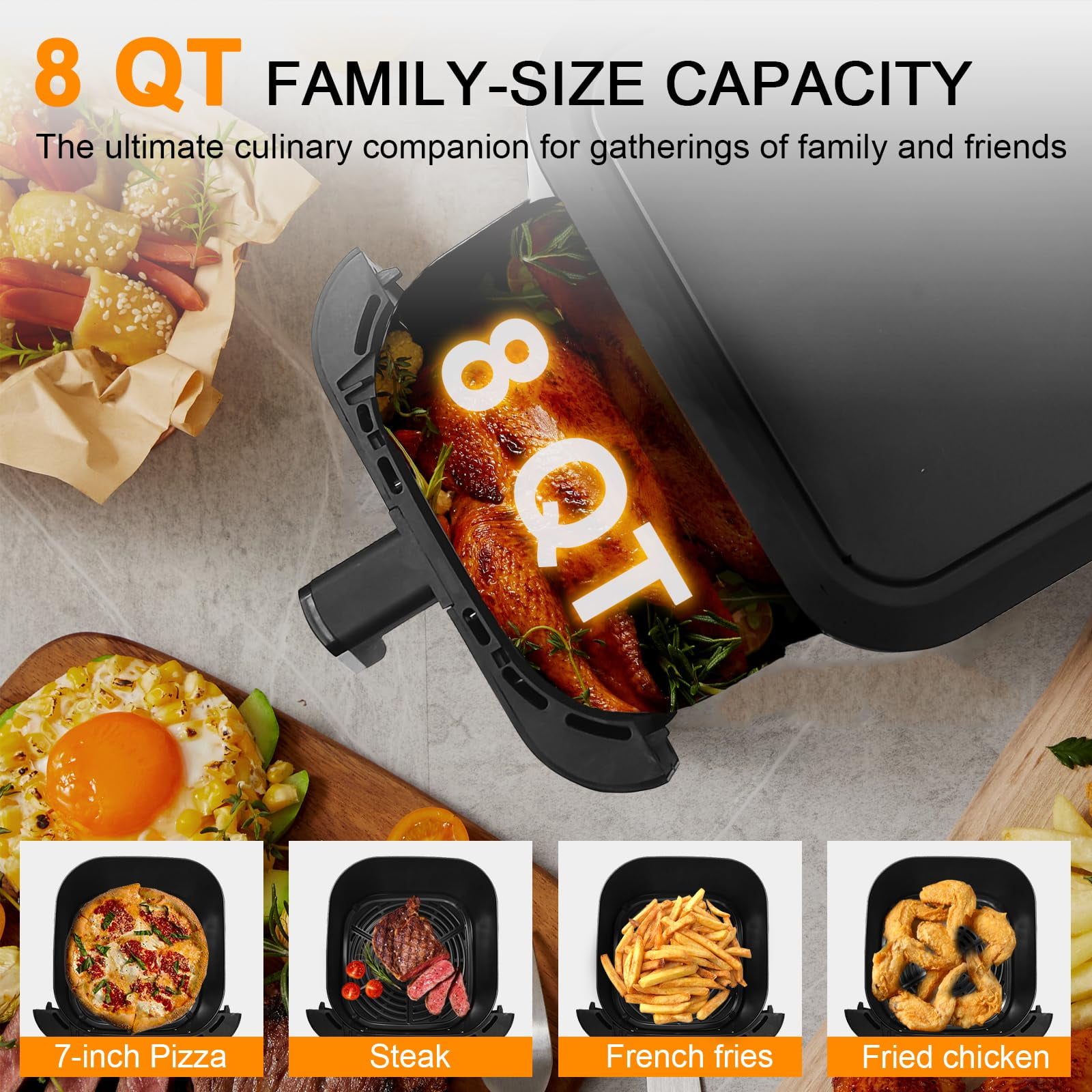 Jacgood 8QT Air Fryer for Family Size, 10 One-Touch Digital Functions, 400℉ Fast Cooking, 80% Less Oil, Roast, Bake, Crisps, Broil and Air Fry for Easy Meals, Dishwasher Safe