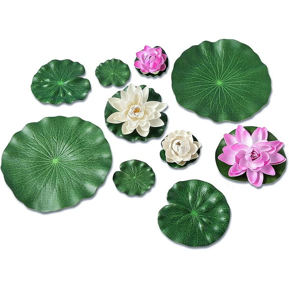 NAVAdeal 10 Pack Assorted Pink Ivory Artificial Floating Foam Lotus Flower and Water Lily Pad, Set for Koi Fish Pond Fountain Pool, Home Outdoor Patio Aquarium Wedding Party Decoration