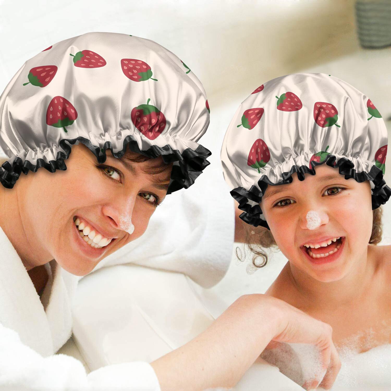 Shower Caps,Red Strawberry Plants Fruit Light Pink Pattern Waterproof Shower Cap for Women 4 Pieces,Double Reusable Hair Cover for Shower PEVA Elastic Stretch Hem