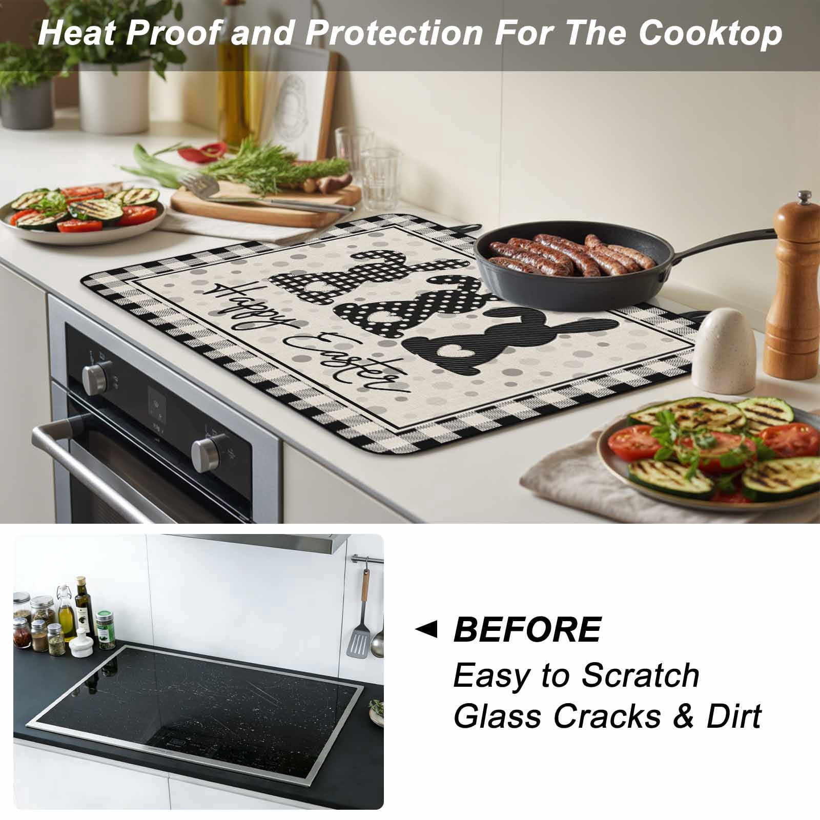 Black Grey Easter Stove Top Cover for Electric Stove,Heat-proof & Non Slip Glass Top Stove Cover Protector,Polka Dot Bunny Spring Vintage Plaid Checkered Kitchen Flat Cooktop Rubber Mat 24x21 Inches