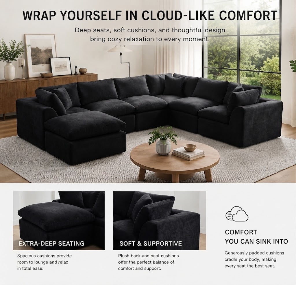 Oversized U-Shaped Sectional Sofa with Ottoman, 7-Seater Modular Chenille Cloud Couch, Deep Seat Frameless Sofa for Living Room, Apartment, Office
