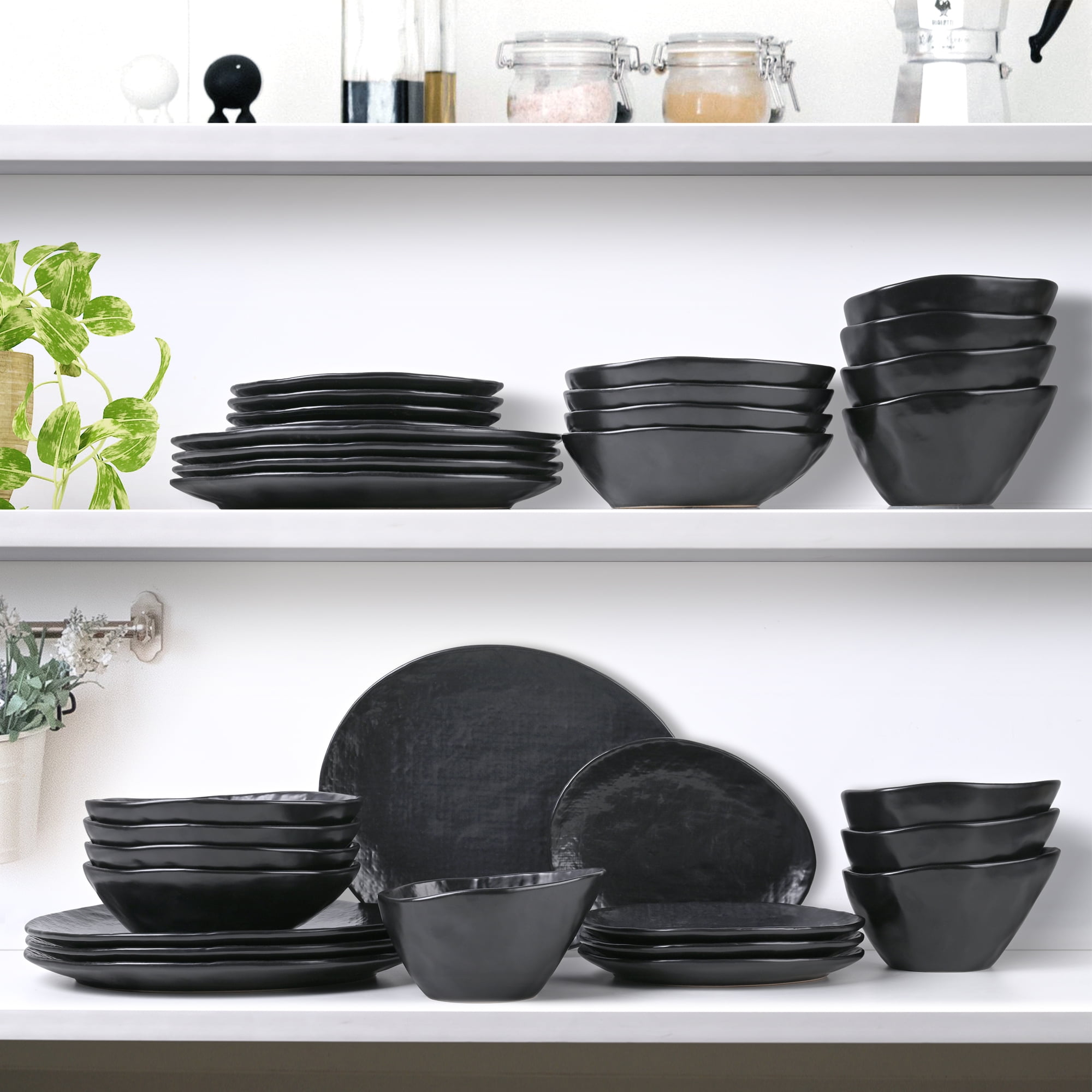 Linen Artisan Dinner Plate Set, 4 Pieces Dinnerware Dishes Set, Porcelain Salad Plates, Irregular 11 Inches Ceramic Plates Suitable for Steak, Pasta, Pizza, Home, Party, Black, Small
