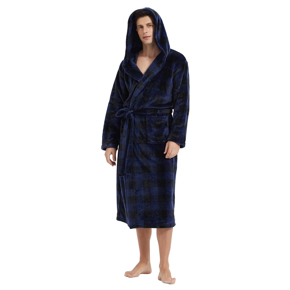 VULCANODON Mens Robe with Hood, Fleece Bathrobe Plush Robes for Men（Buffalo PlaidNavy，LargeX