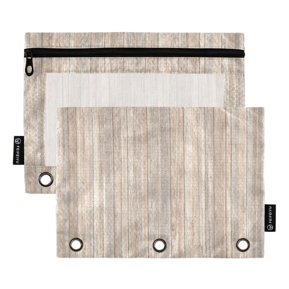2 Pack 3 Ring Binder Pouch with Clear PVC Window Water Resistant Zipper Pencil Pouch Weathered Wood Seamless Binder Pocket for Classroom Office Home Stationery Organization