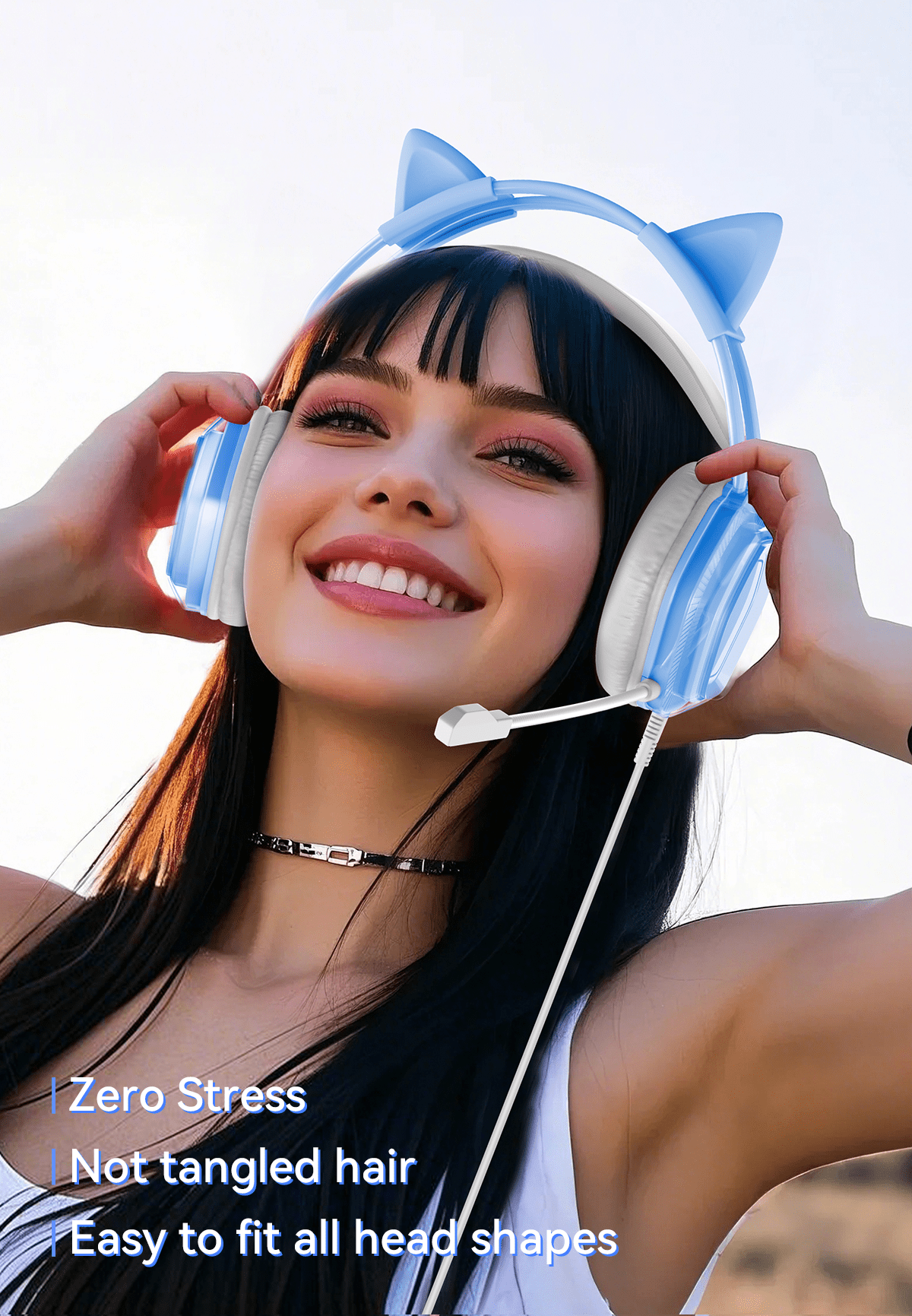 Wantek V10 Cat Ear Style Gaming Headset with comfortable fit and vibrant RGB lighting, Hi-Fi Sound - Blue