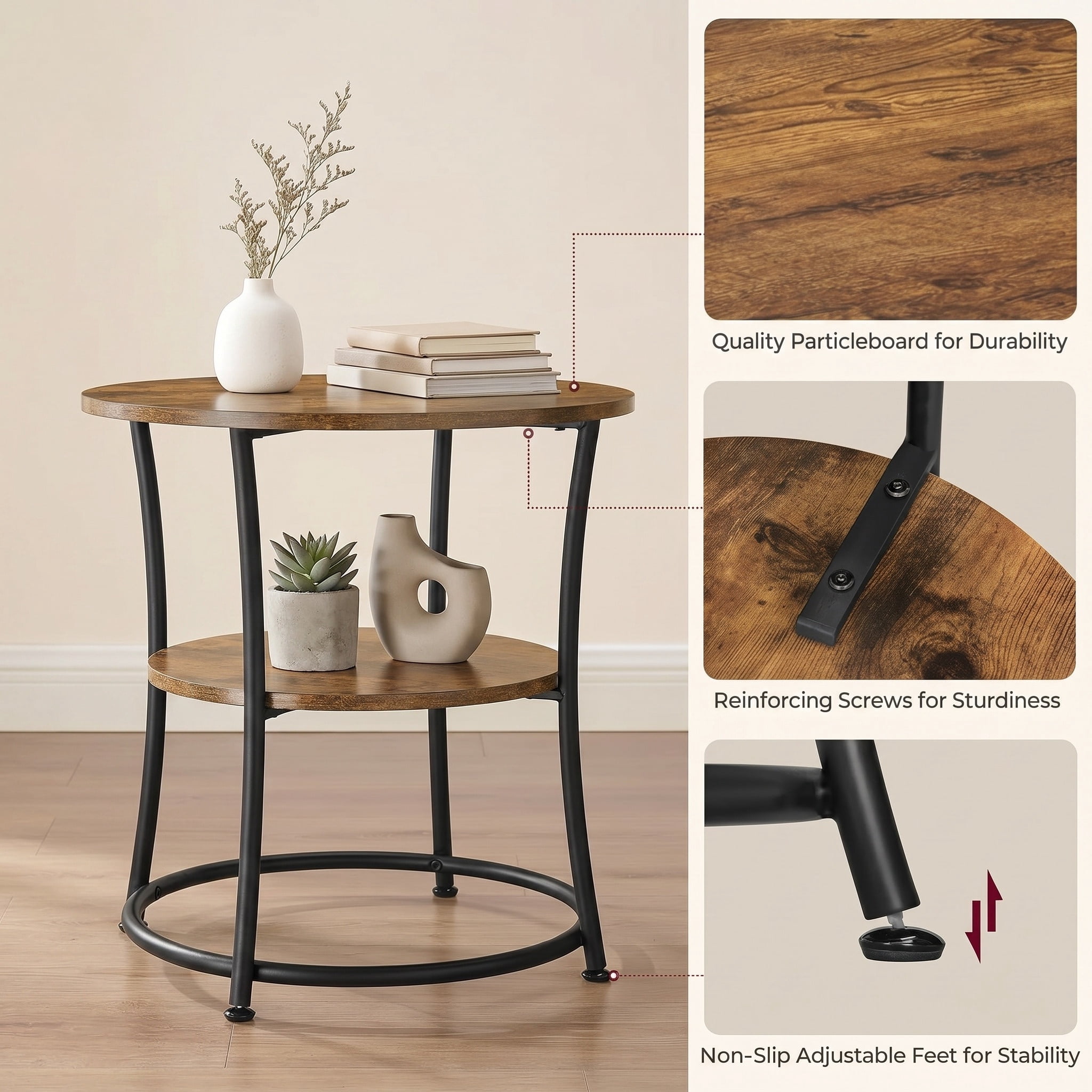 21.7 in. Rustic Brown and Ink Black Round 2-Tier Side Table with Industrial Steel Frame