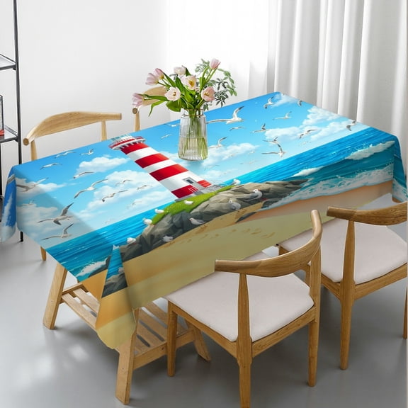 RKSupls Rectangle Dining Tablecloth Lighthouse Seagull Nautical Print, Washable Wipeable Stain & Wrinkle Resistant Polyester Tablecloth for Kitchen Picnic Party
