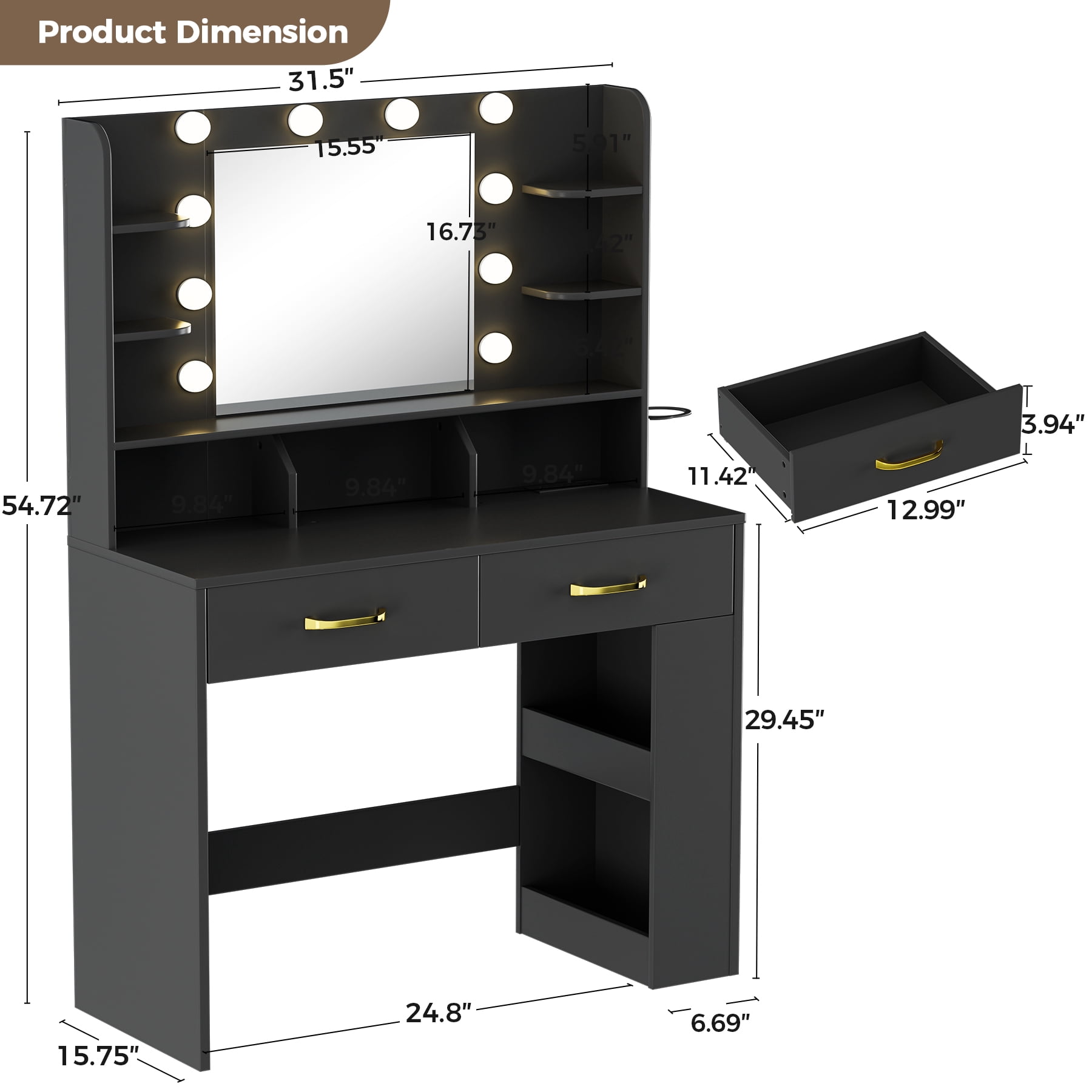 COMHOMA Black Vanity Desk with Mirror and Lights, Hairdryer Holder, 5 Drawers, Bedroom Dresser Table for You