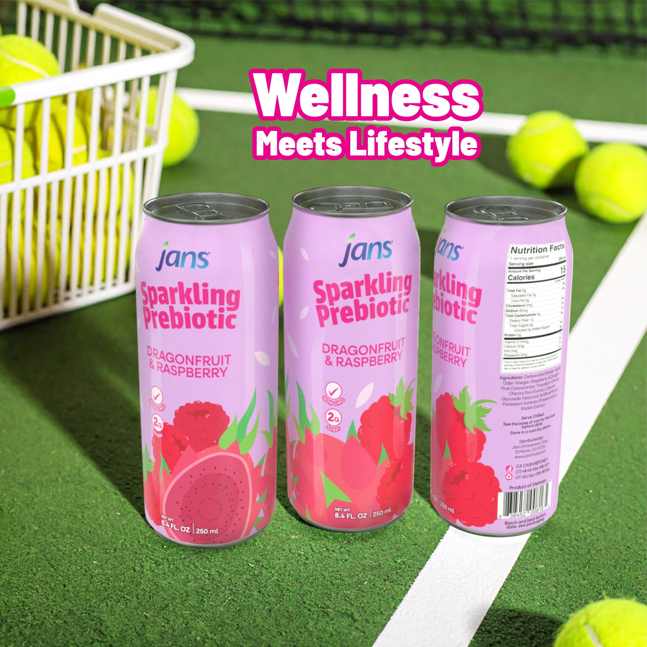 Jans Sparkling Prebiotic Soda Beverage, 8.4 oz Cans – Low Calorie, No Added Sugar – Non-GMO Sparkling Fruit Beverage – Gut Health Support – Naturally Refreshing (24-Pack, Dragonfruit & Raspberry)