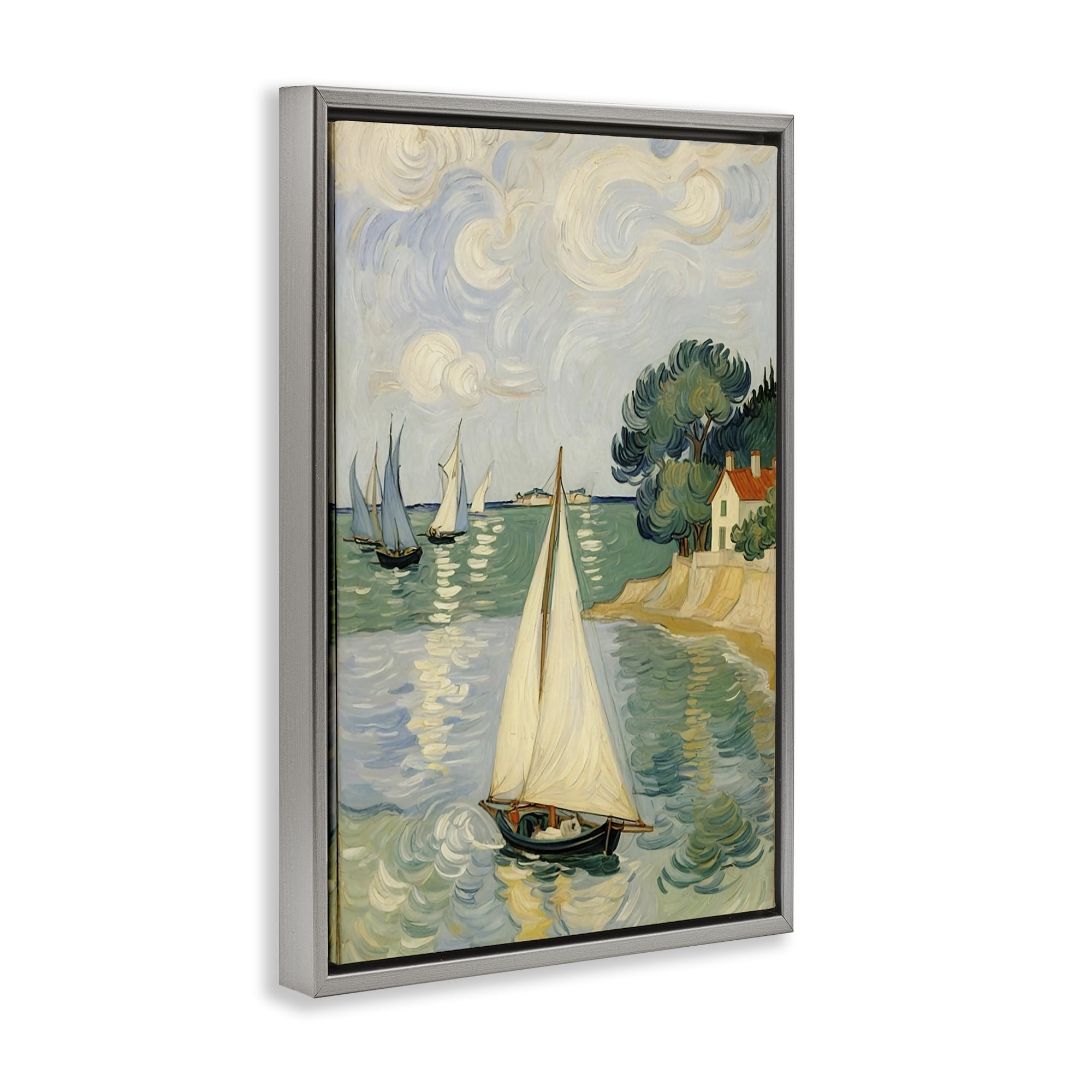 Stupell Industries Coastal Sailboats Under Swirling Clouds Gray Framed Floater Canvas Wall Art, design by Angie Hawke