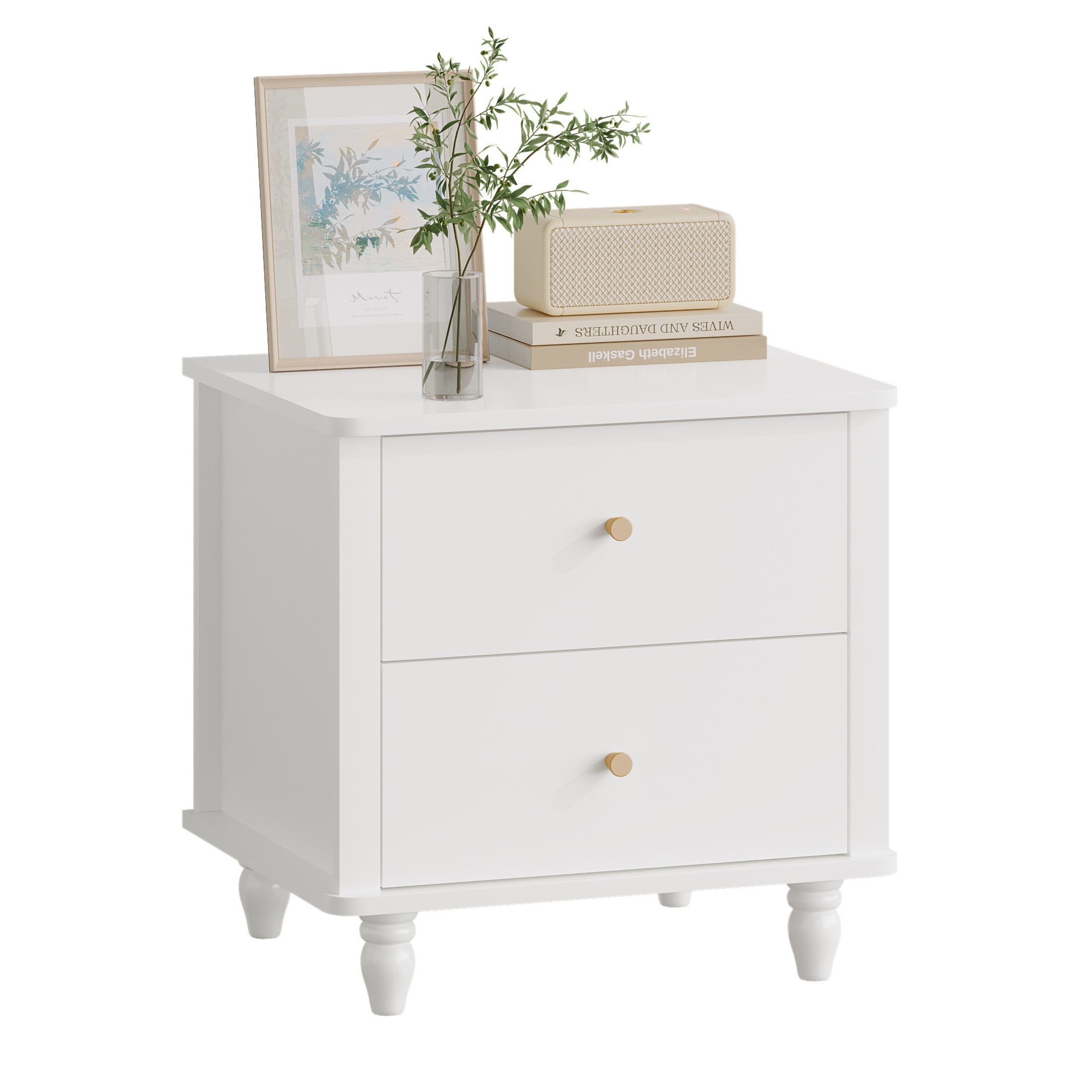 Noble House Reina Modern 2-Drawer Nightstand with Round Knobs, Small Bedside Cabinet End Table for Bedroom, White