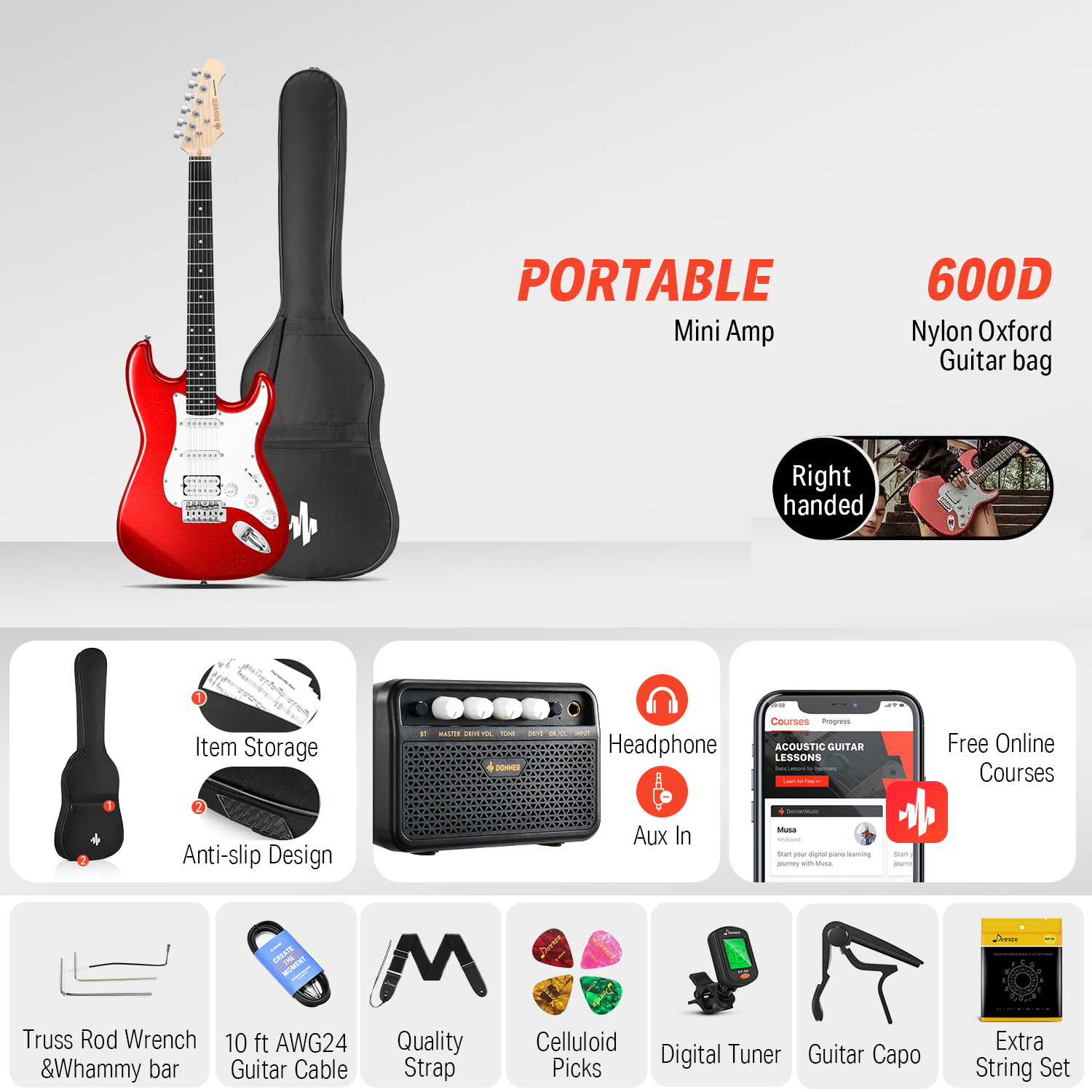 Donner 39" Electric Guitar Beginner Kit Solid Body Full Size Red HSS Pick Up for Starter, with Amplifier, Bag, Digital Tuner, Capo, Strap, String,Cable, Picks DST-102R - image 2 of 13
