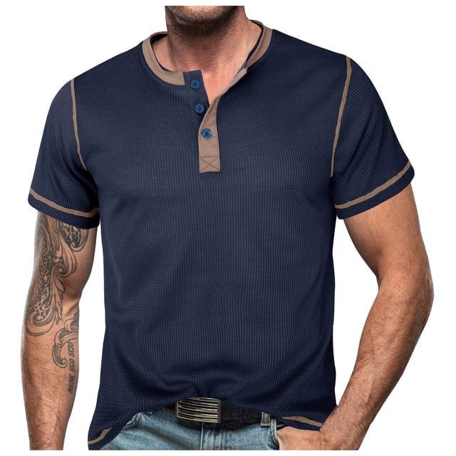 Camiseta de hombre con botones y cuello abierto en bloques de color - Manga corta, holgada y cómoda, informal/de negocios, poliéster, adecuada para primavera/otoño.