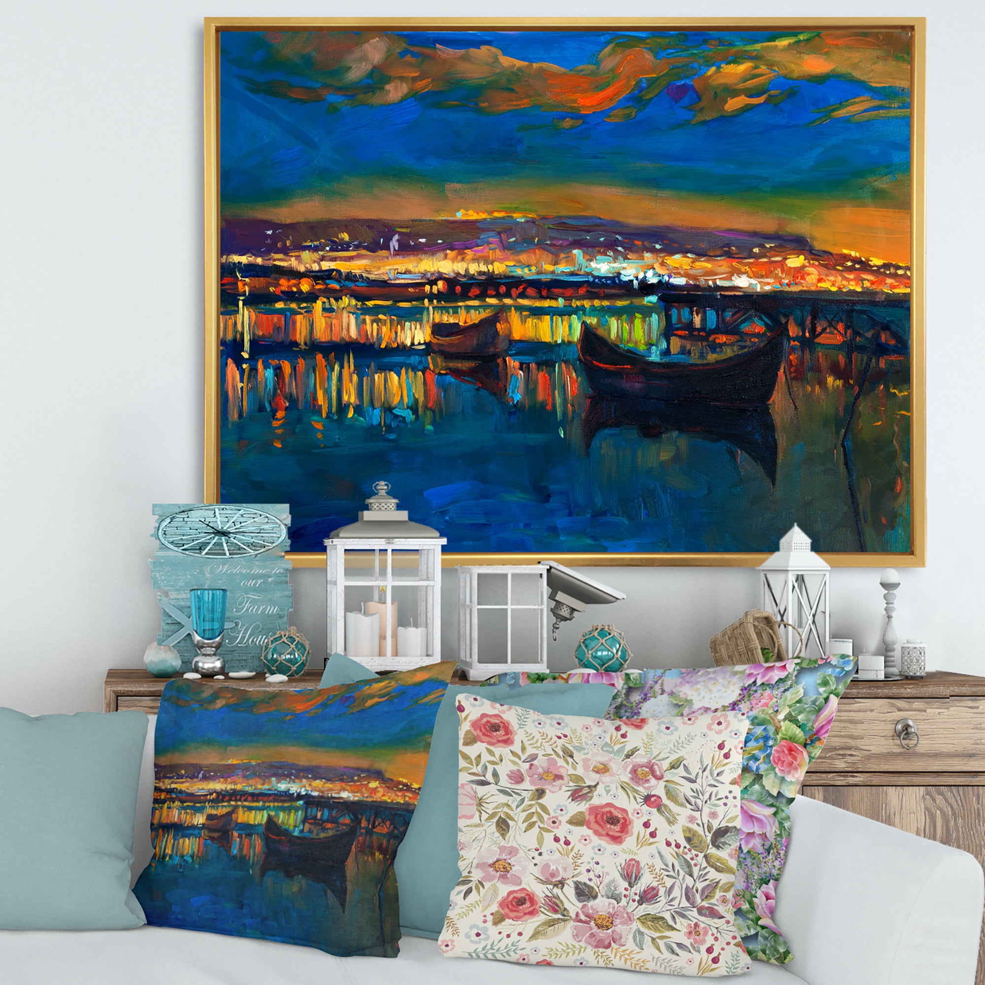 Two Little Boats In The Village Harbor At Night 32 in x 16 in Framed Painting Canvas Art Print, by Designart