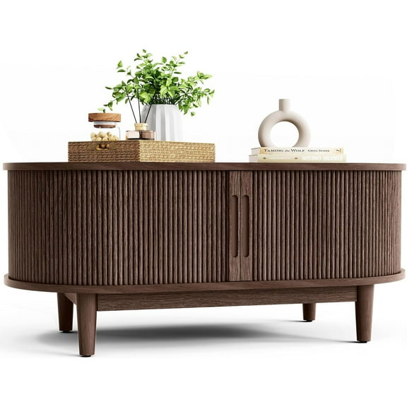 Oval Coffee Table, Wood Coffee Table with Storage, Fluted Accent Center Table with Sliding Tambour Door, 39" Mid Century Modern Coffee Tables for Living Room, Bedroom, Apartment, Walnut