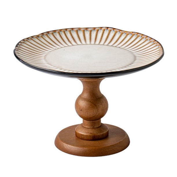 Frutero de pedestal de cerámica acanalada con base de madera, bandeja rústica y elegante for servir postres y centro de mesa.