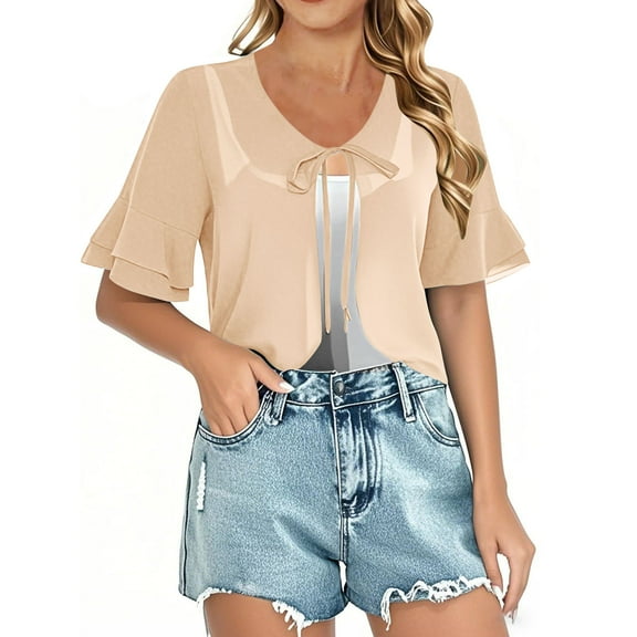 Abomasnow Summer Savings Clearance Women Chiffon Shrug Ruffle Short Sleeve Summer Tie Open Front Sheer Bolero Cardigans for Dresses
