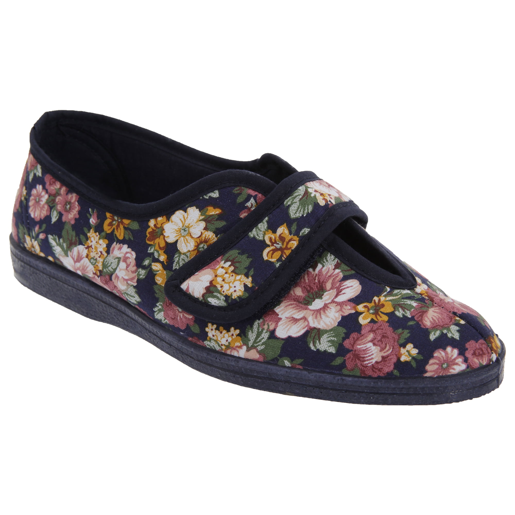Sleepers ROSE Womens Ladies Cotton Roll Top Floral Full Slippers Shoes Navy Blue 