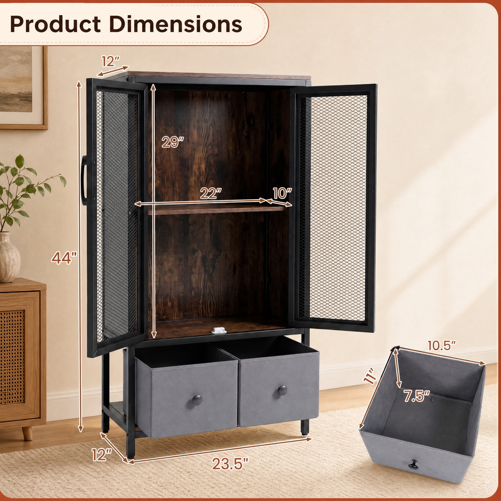 Furnibear Industrial Coffee Bar Cabinet with 2 Tier Open Shelves and 2 Cloth Drawers for Home Kitchen Coffee Station Storage, Rustic Brown