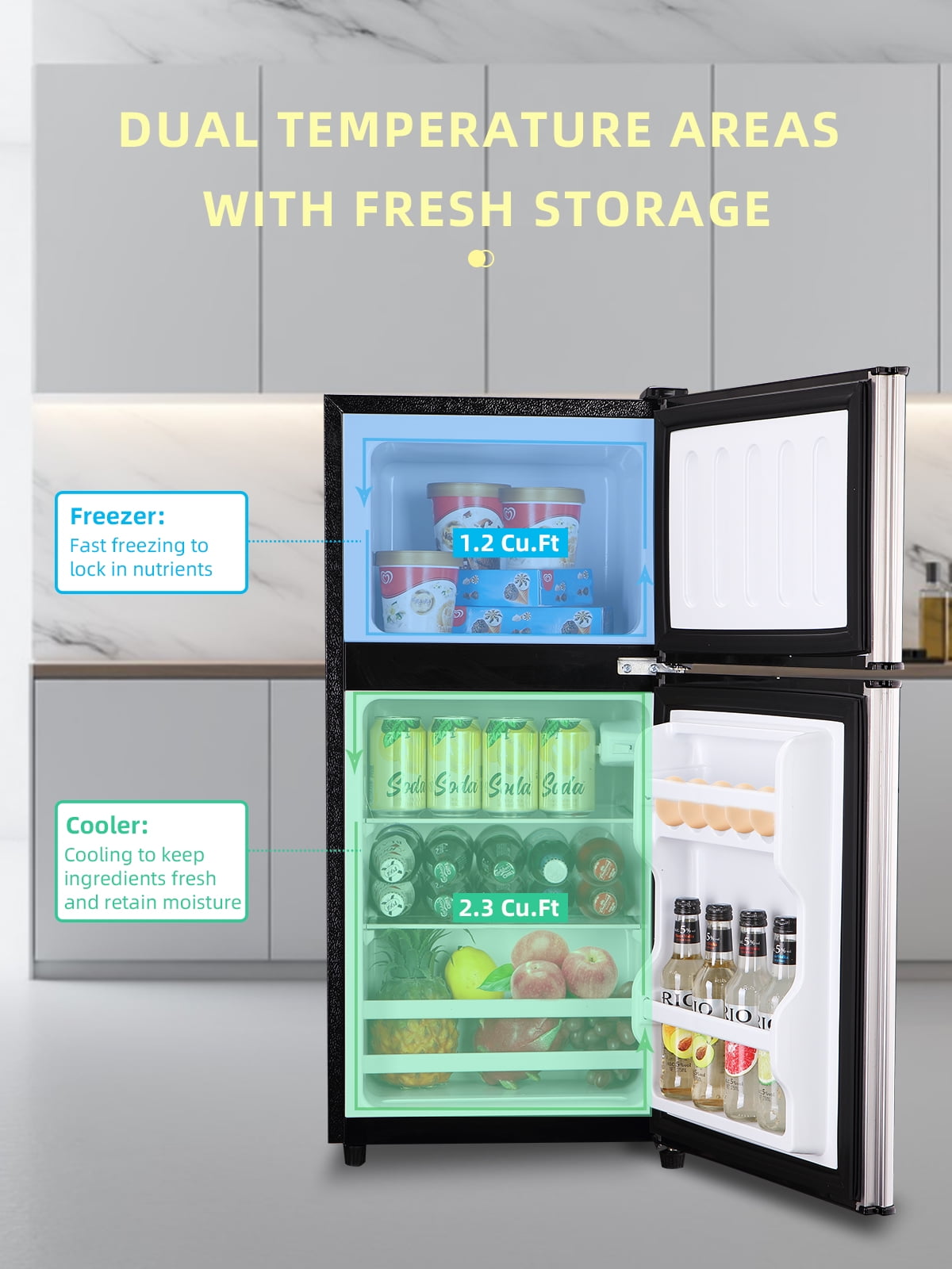 KRIB BLING Refrigerador compacto de 3.5 pies cúbicos con congelador,  termostato ajustable de 7 niveles con estantes extraíbles, refrigerador  pequeño