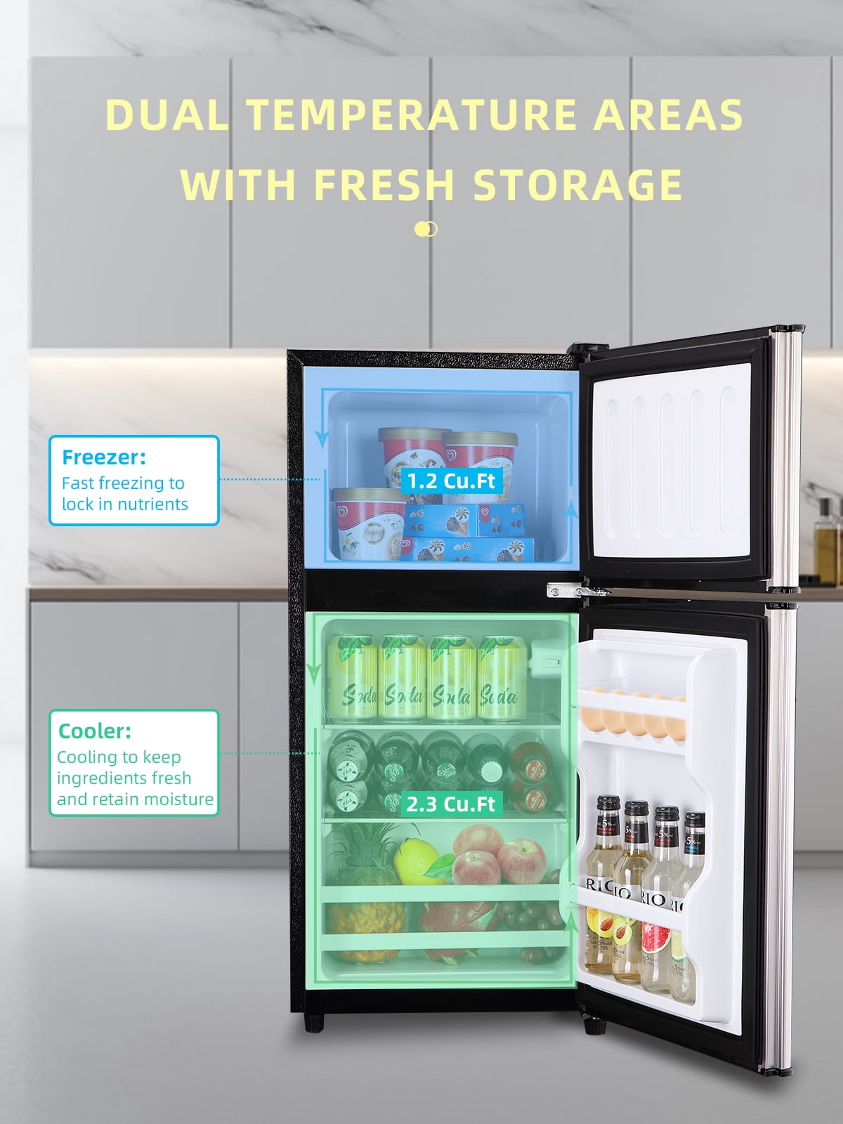 Krib Bling Compact Refrigerator 3.5 Cu.ft, Mini Fridge with Freezer,  Small refrigerator with Dual Door, 7 Level Temperature, for Dorm, Apartment, Silver