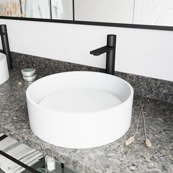 VIGO Matte Stone Anvil Composite Round Vessel Bathroom Sink in White with Gotham Faucet and Pop-Up Drain in Matte Black