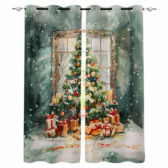 Hokiten Green Christmas Tree Blackout Curtains | Light Blocking Print Window Curtains, Watercolor Snowflake Balls Xmas Thermal Insulated Window Drapes for Living Room Kitchen (2 Panels, 84"W x 63"L)