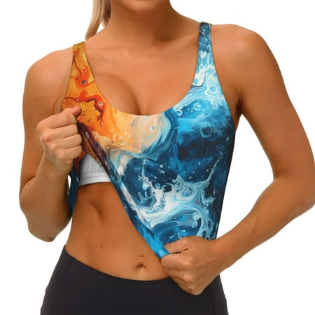 Qokaie Red And Blue Waves Pattern Womens Scoop Neck Sports Bra Breathable Workout Vest Padded U Back Medium Impact Fitness Gym Yoga Bra Workout Crop Top