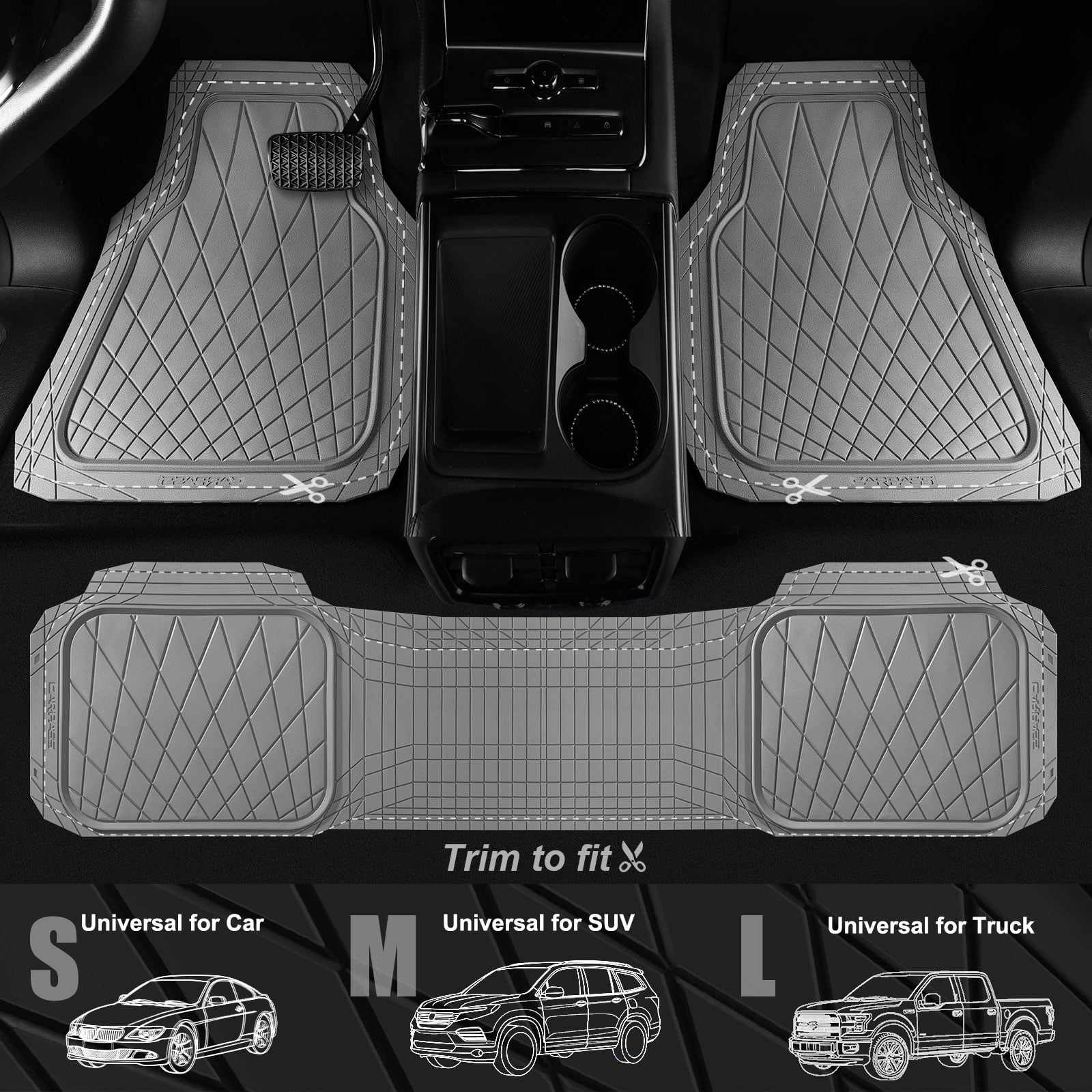 CAR GRAND premium heavy duty rubble car floor mats deep dish all weather waterproof easy clean universal trim fit sedan SUV Van Truck all gray