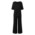 thumbnail image 4 of XFHLMJFF Womens Pantsuit For Casual Flowy Comfy Two Pieces Suit New Thin Silk Spring V Neck Short Sleeve Vintage Solid Color Loose Lightweight Trousers Outfits, 4 of 5