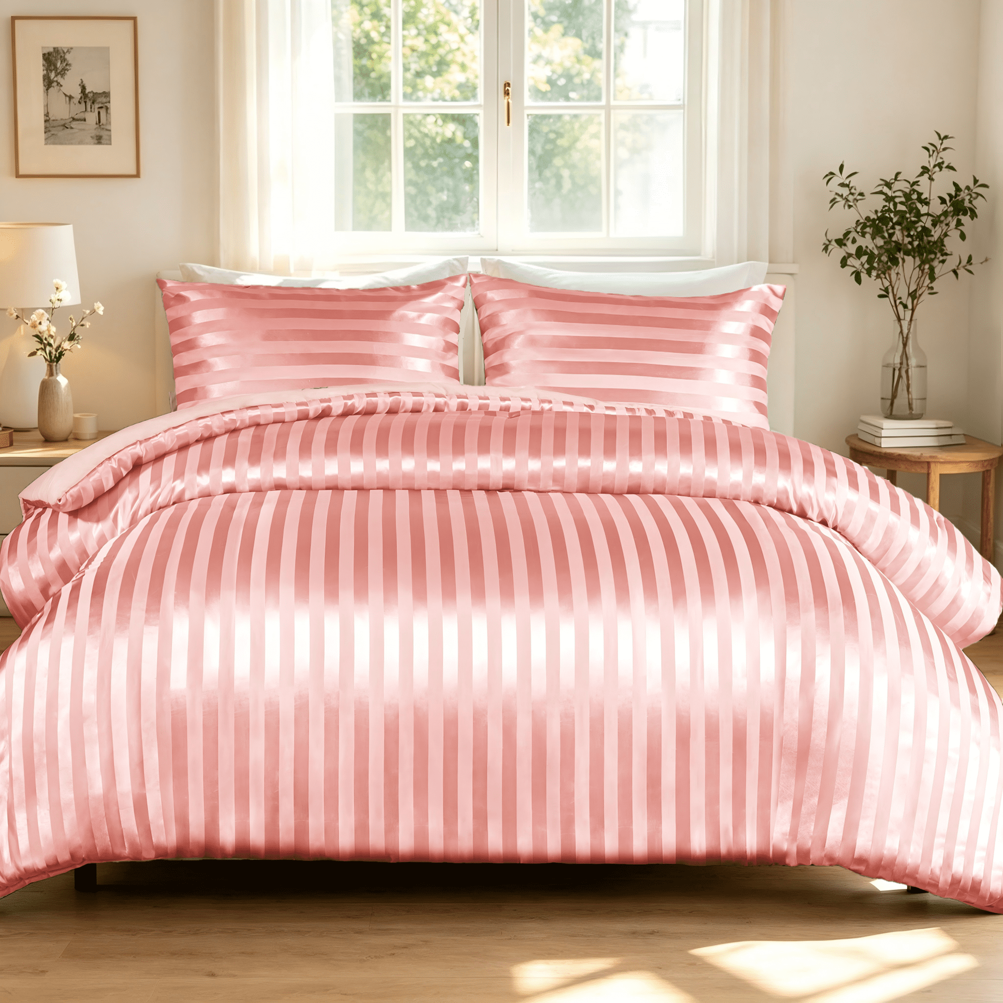 Whale Flotilla 3-Piece Luxury Stripe Satin Queen Size Comforter Set, Reversible Silky Soft Bedding Set with 2 Pillowcases, Lightweight All-Season Comforter, Pink