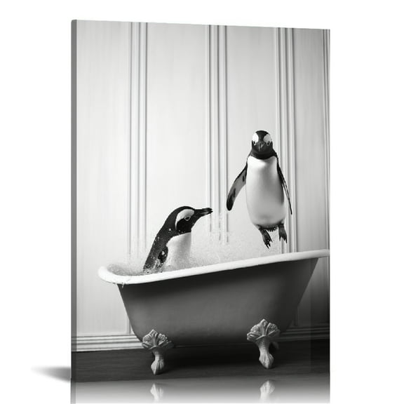 COMIO Funny Bathroom Wall Art Decor, Quality Canvas Black and White Wall Art Pictures, Wood Penguin Bathing Animals Abstract Prints for Bedroom Kids Room