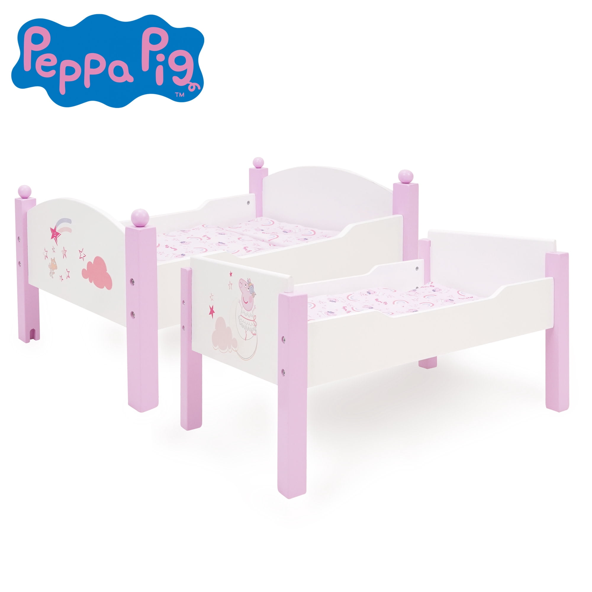 509 Crew: Peppa Pig - Wooden Doll Bunk Bed - Pink & White, Convertible to Single Beds, Blankets & Pillows, Doll & Plush Sleep Accessory Toy, Kids 3+