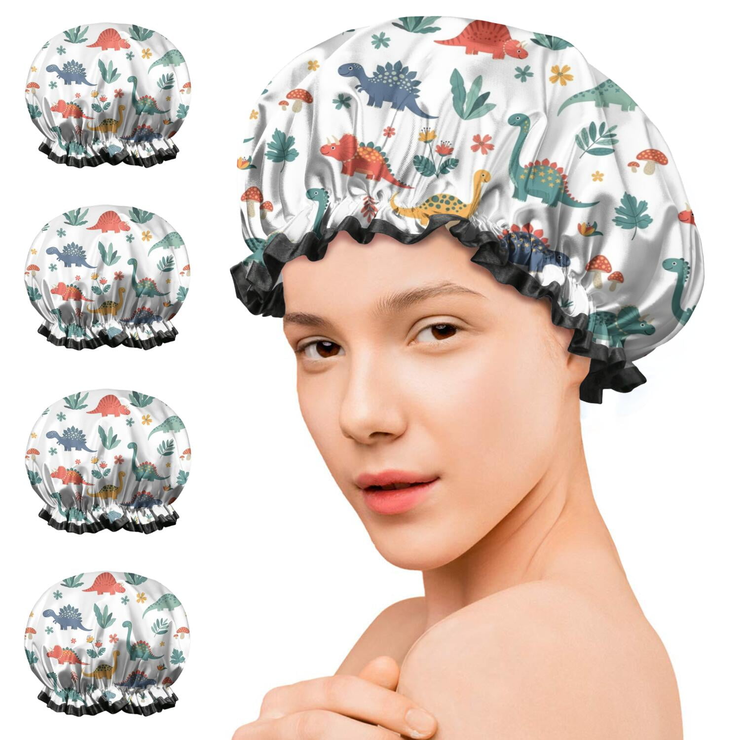Shower Caps,White Dinosaurs Plants Mushrooms Pattern Waterproof Shower Cap for Women 4 Pieces,Double Reusable Hair Cover for Shower PEVA Elastic Stretch Hem